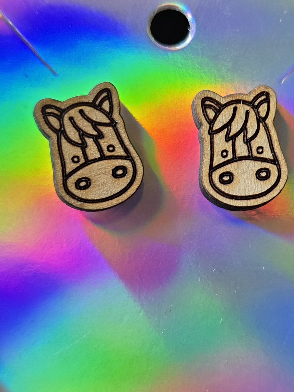 Wooden Horse Head Stud Earrings - Natural Wood